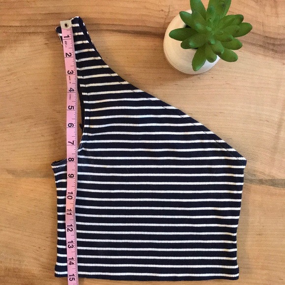 Express Crop Top Stripes One Shoulder Navy Blue - Picture 4 of 6
